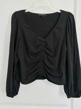 Banana Republic Factory Black Ruched V-Neck Long Sleeve Blouse